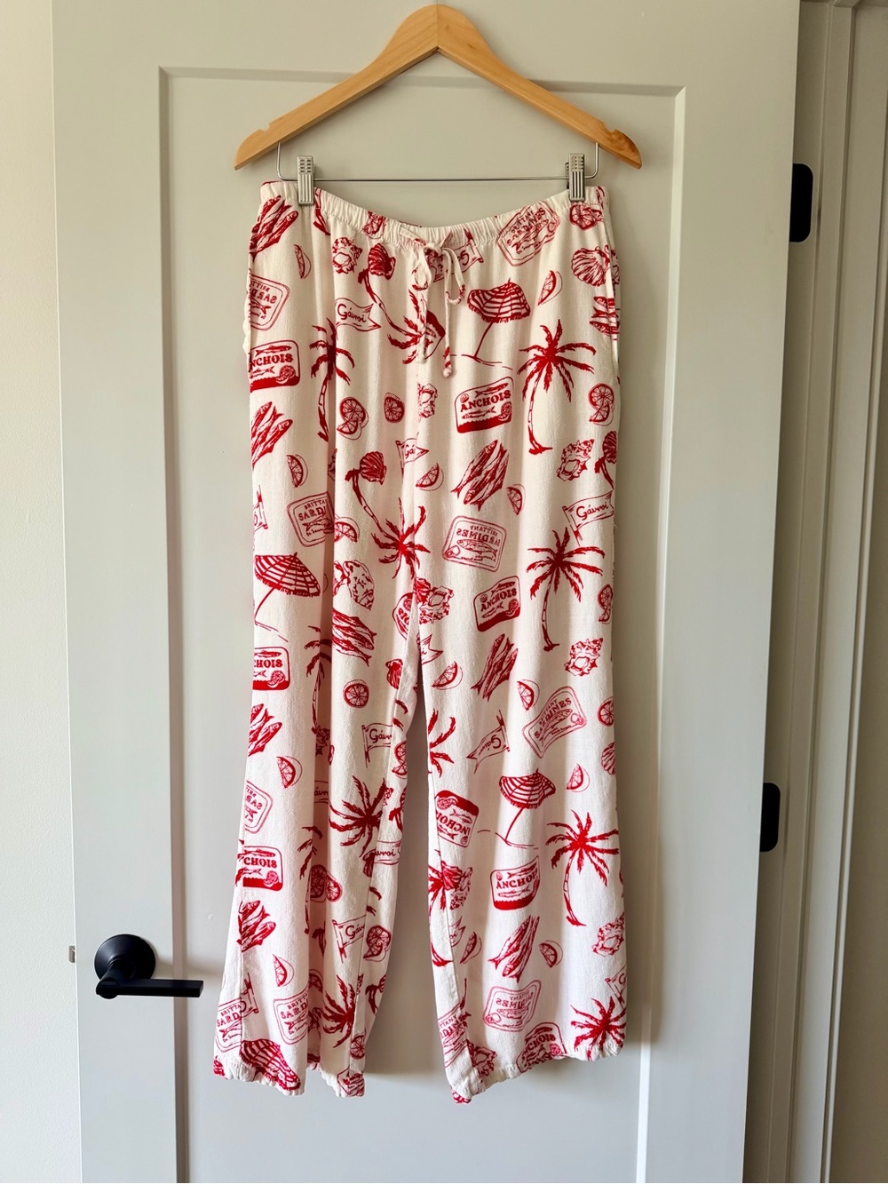 Angel Kiss Coastal Beach Print Wide Leg Lounge Pants Red and Ivory